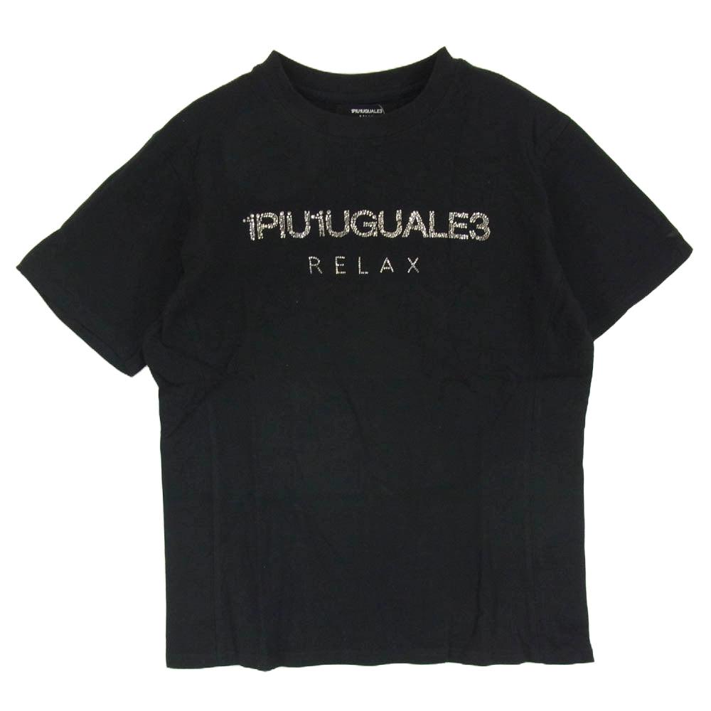 1piu1uguale3 ウノピュウノウグァーレトレ RELAX リラックス ロゴ ラインストーン クルーネック 半袖 Tシャツ ブラック系 XL【中古】