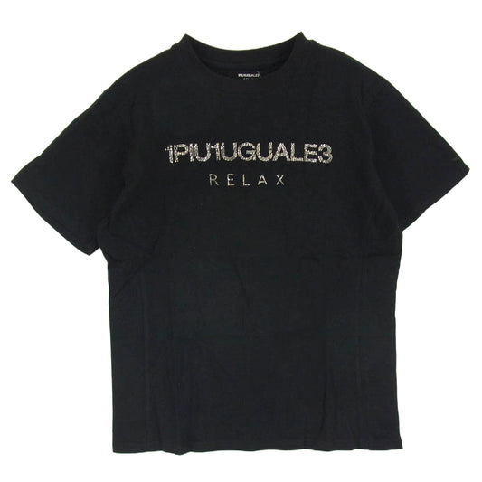 1piu1uguale3 ウノピュウノウグァーレトレ RELAX リラックス ロゴ ラインストーン クルーネック 半袖 Tシャツ ブラック系 XL【中古】
