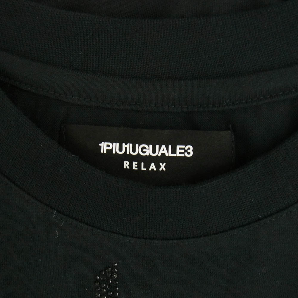 1piu1uguale3 ウノピュウノウグァーレトレ 113RLX RELAX リラックス ラインストーン 折り鶴刺繍 クルーネック 半袖 Tシャツ ブラック系 XL【中古】