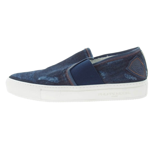 1piu1uguale3 ウノピュウノウグァーレトレ PHILIPPE MODEL フィリップモデル別注 TROPEZ DENIM USED加工 デニム スリッポン シューズ ダークネイビー系 42【美品】【中古】