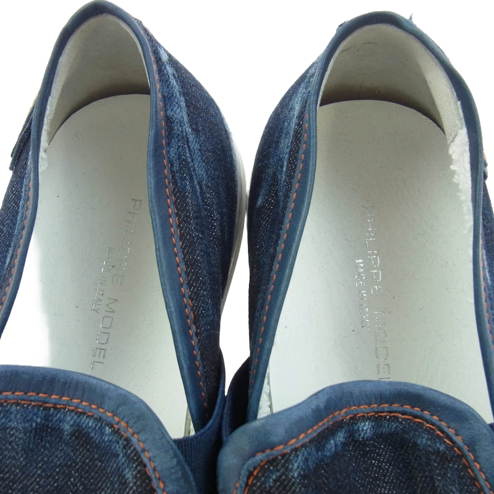 1piu1uguale3 ウノピュウノウグァーレトレ PHILIPPE MODEL フィリップモデル別注 TROPEZ DENIM USED加工 デニム スリッポン シューズ ダークネイビー系 42【美品】【中古】