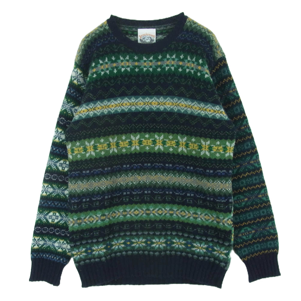 ジャミーソンズ BEAMS ビームス 別注 英国製 パッチワーク マルチパターン クルー ニット フェアアイル セーター グリーン系 ダークネイビー系 サイズ表記なし【中古】