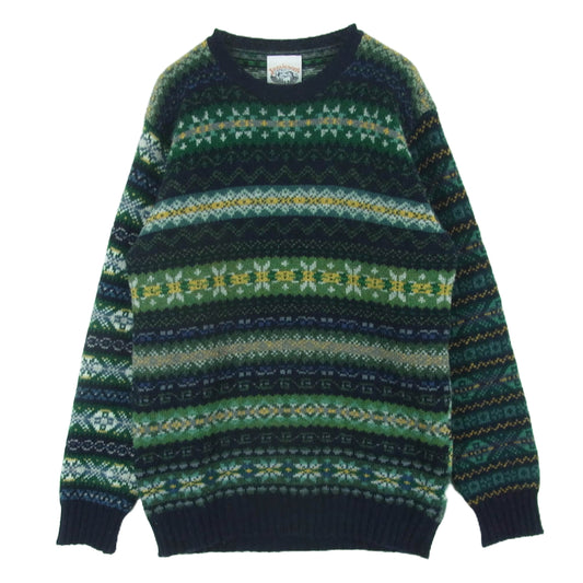 ジャミーソンズ BEAMS ビームス 別注 英国製 パッチワーク マルチパターン クルー ニット フェアアイル セーター グリーン系 ダークネイビー系 サイズ表記なし【中古】