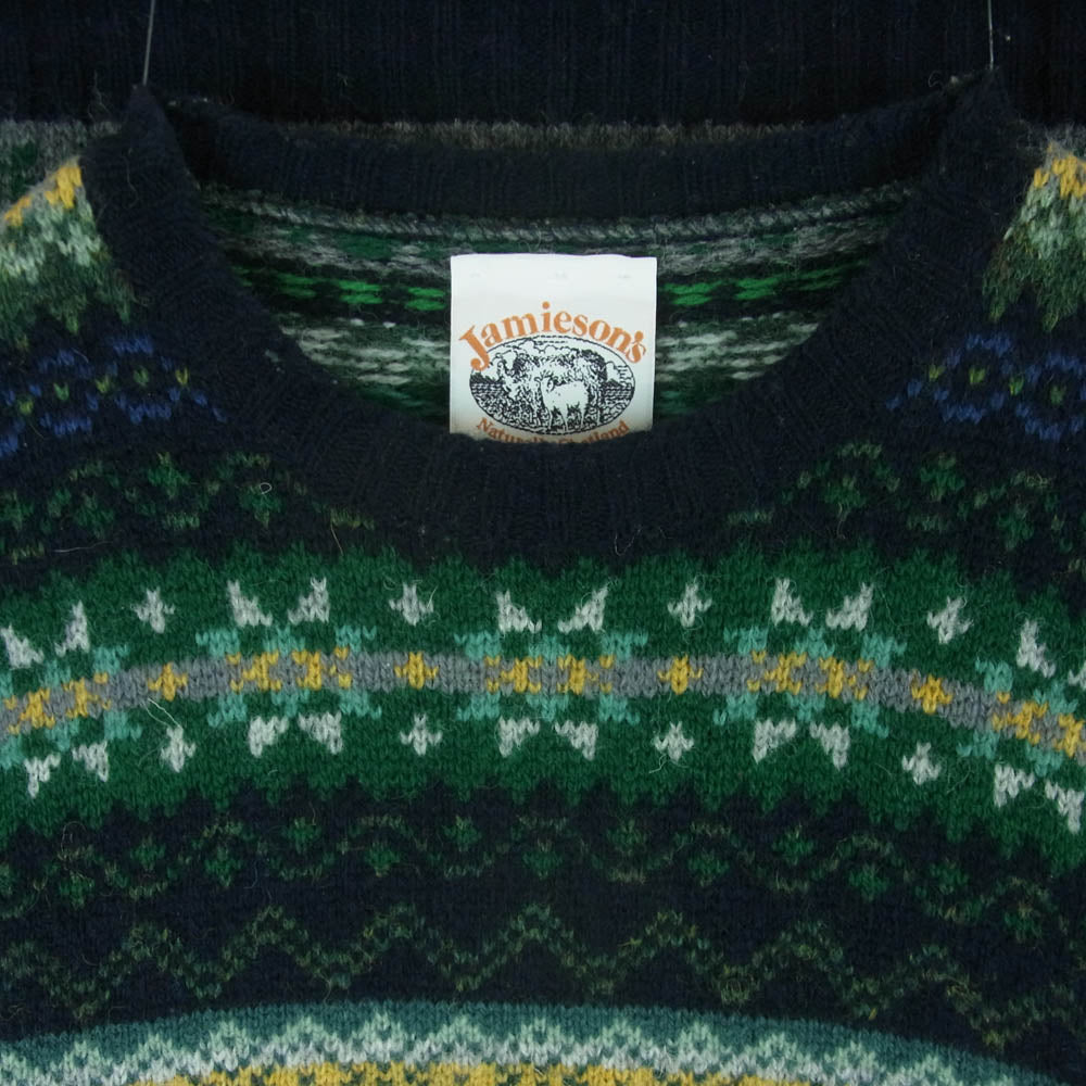 ジャミーソンズ BEAMS ビームス 別注 英国製 パッチワーク マルチパターン クルー ニット フェアアイル セーター グリーン系 ダークネイビー系 サイズ表記なし【中古】