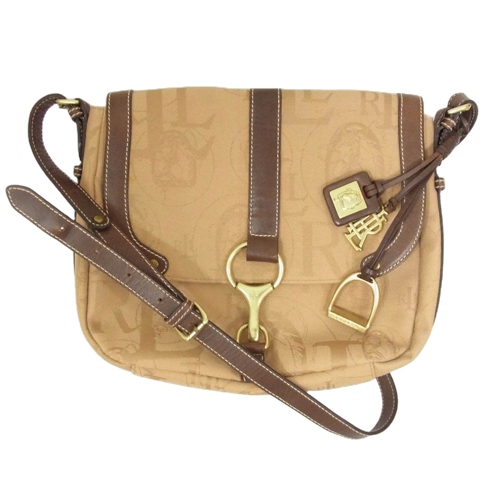 RALPH LAUREN ラルフローレン ロゴ総柄 レザー キャンバス ショルダー バッグ ブラウン系【中古】
