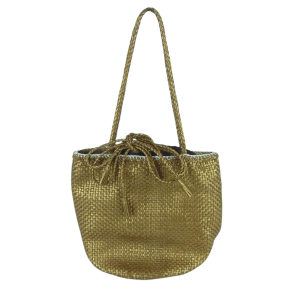 ドラゴン レザー メッシュ 編み込み バケット 巾着 トート バッグ ゴールド系【中古】