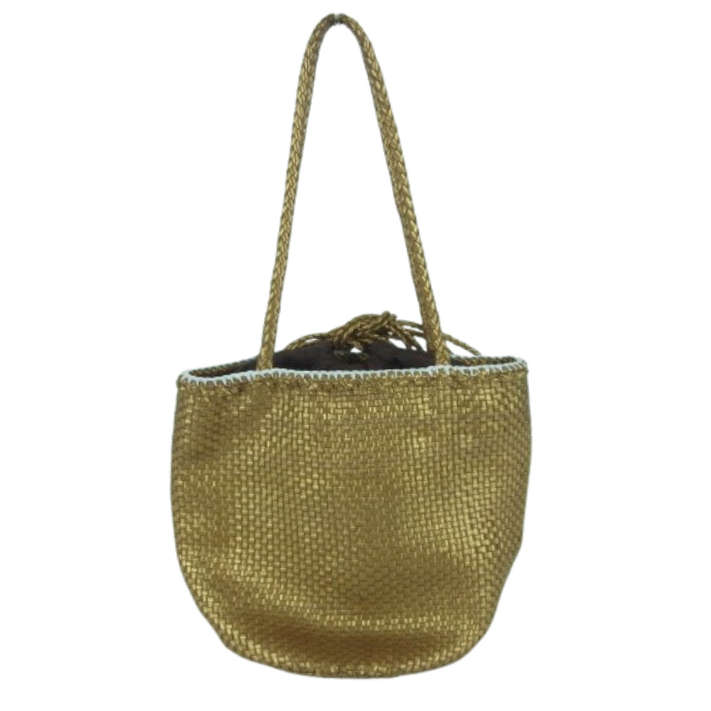 ドラゴン レザー メッシュ 編み込み バケット 巾着 トート バッグ ゴールド系【中古】