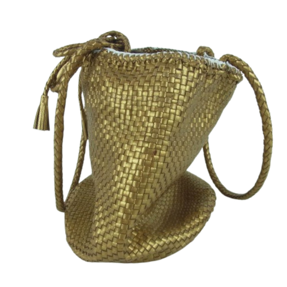 ドラゴン レザー メッシュ 編み込み バケット 巾着 トート バッグ ゴールド系【中古】