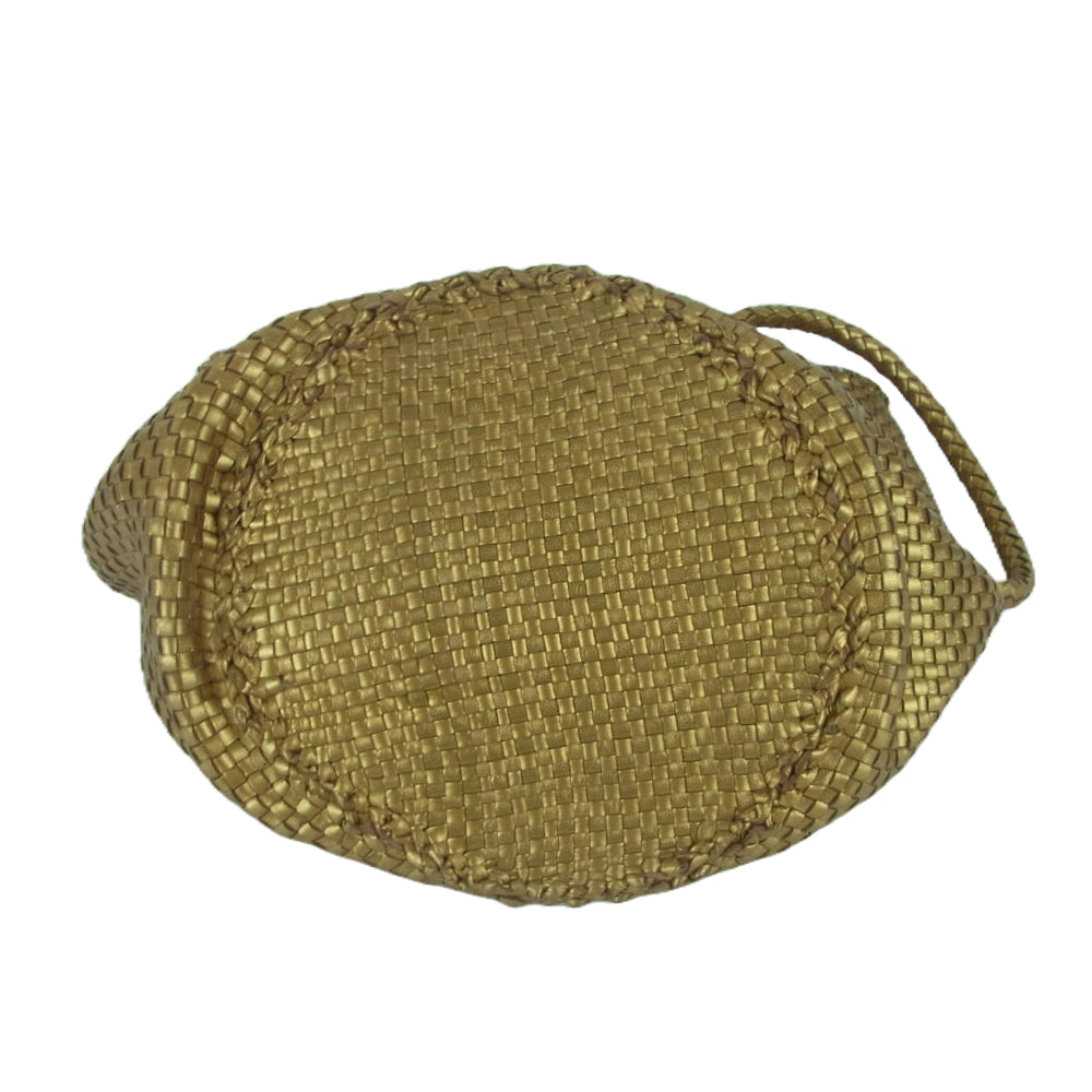 ドラゴン レザー メッシュ 編み込み バケット 巾着 トート バッグ ゴールド系【中古】