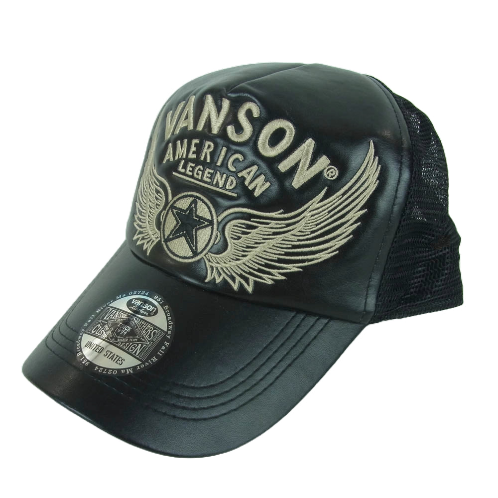 VANSON バンソン フライングワンスター フェイクレザー メッシュ キャップ ブラック系【中古】