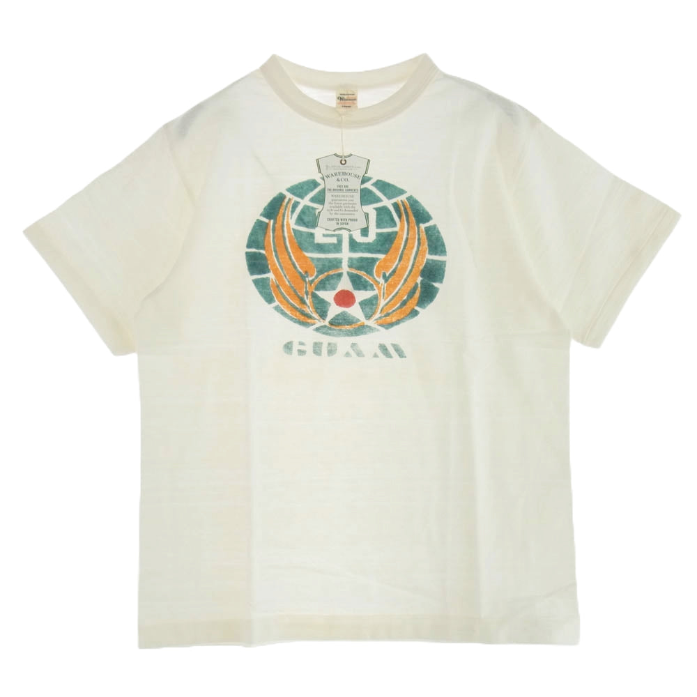 WAREHOUSE ウエアハウス 4601 20TH AIR FORCE GUAM 染み込みプリント Ｔシャツ 半袖カットソー ホワイト系 L【新古品】【未使用】【中古】