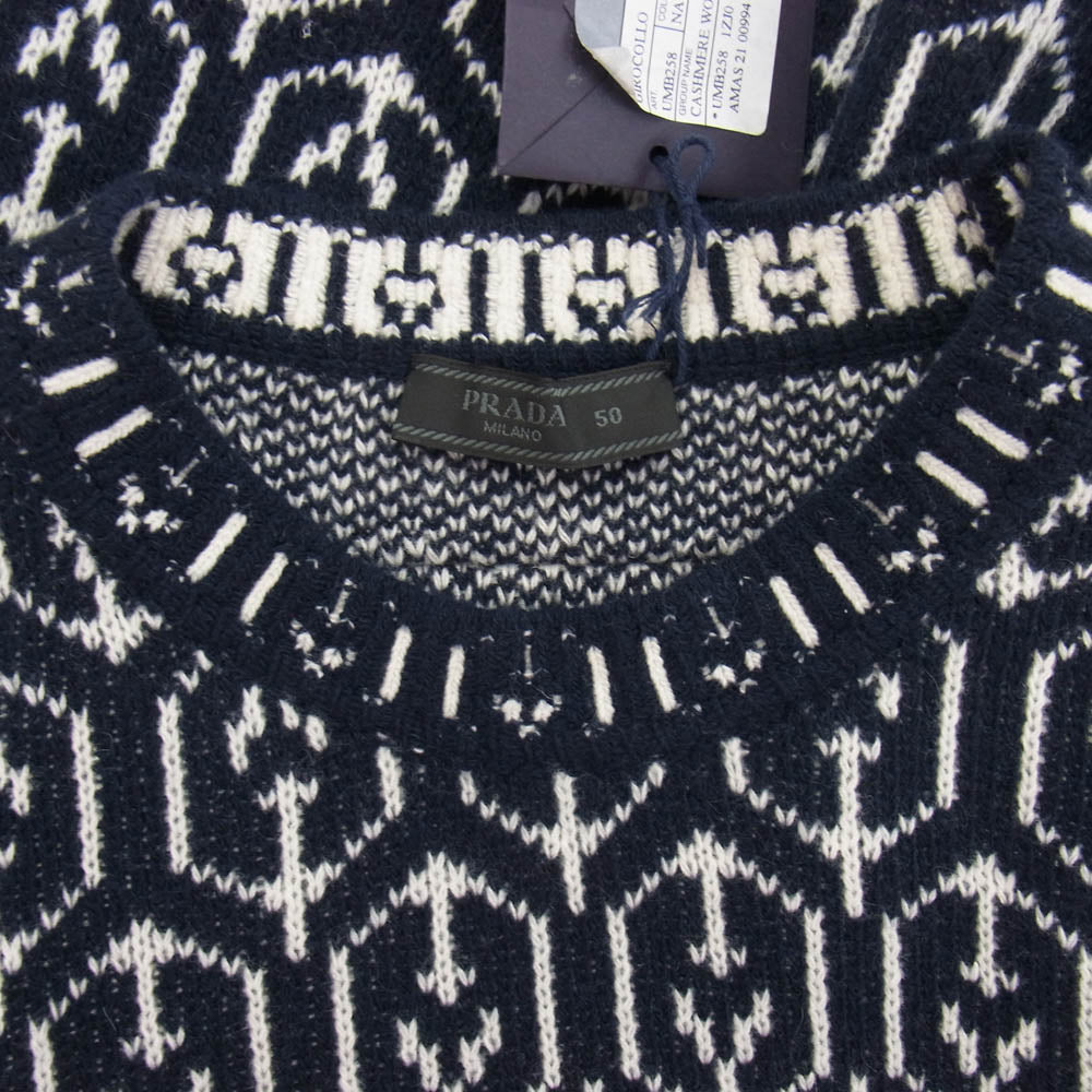 PRADA プラダ 21AW UMB258 総柄 カシミヤ混 ウール混 セーター ニット ネイビー系 50【中古】