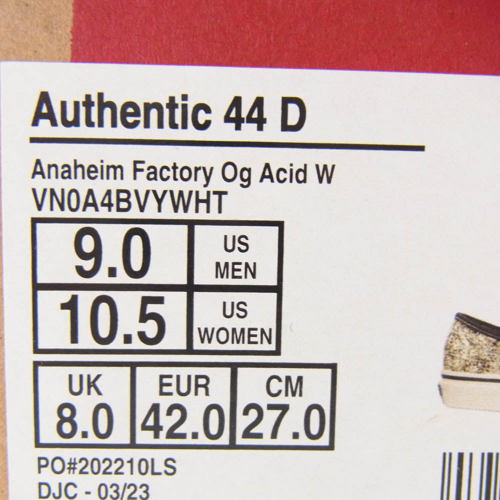 VANS バンズ VN0A4BVYWHT ANAHEIM FACTORY AUTHENTIC 44 DX ACID WASH アナハイムファクトリー オーセンティック アシッドウォッシュ スニーカー ブラック系 オフホワイト系 27cm【中古】