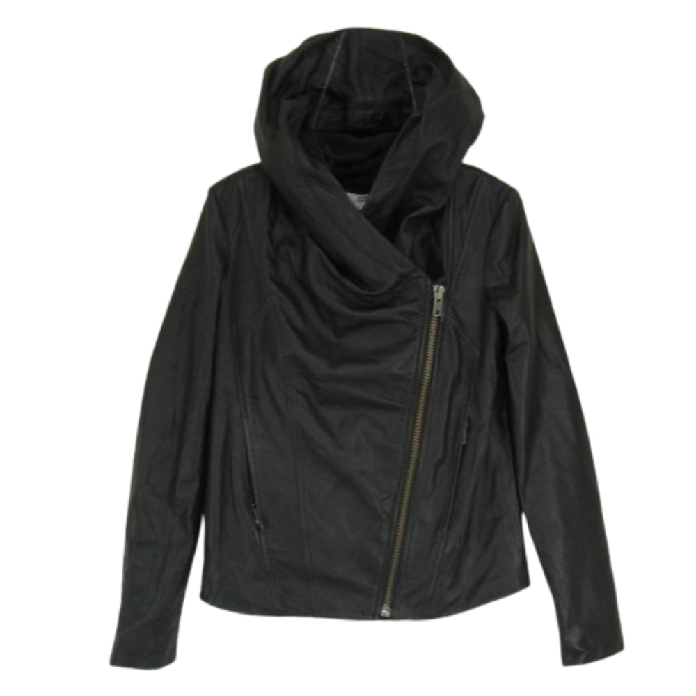 HELMUT LANG ヘルムートラング ラムレザー 裏地フリース フード ライダース ジャケット ブラック系 P【中古】