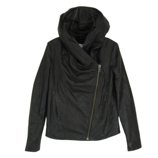 HELMUT LANG ヘルムートラング ラムレザー 裏地フリース フード ライダース ジャケット ブラック系 P【中古】