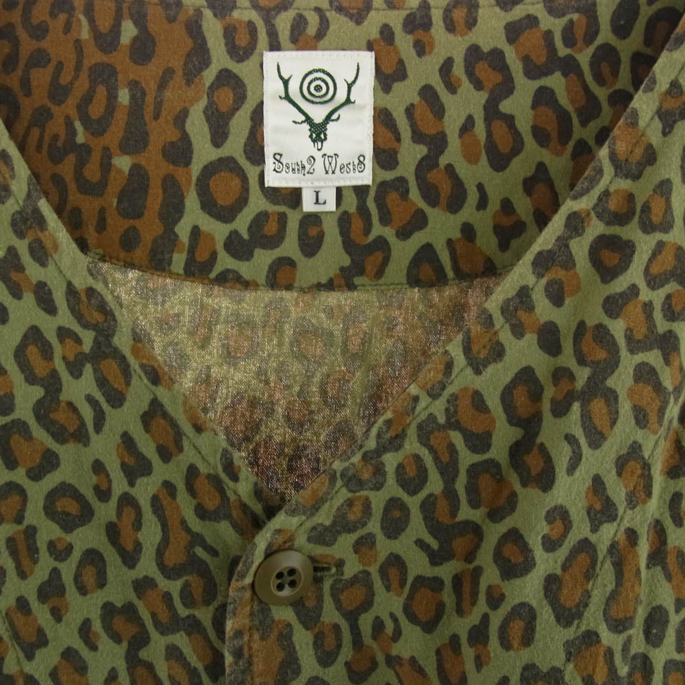 South2 West8 サウスツーウェストエイト V Neck Army Shirt Printed Flannel  レオパード柄 Vネック 長袖 シャツ カーキ系 L【中古】