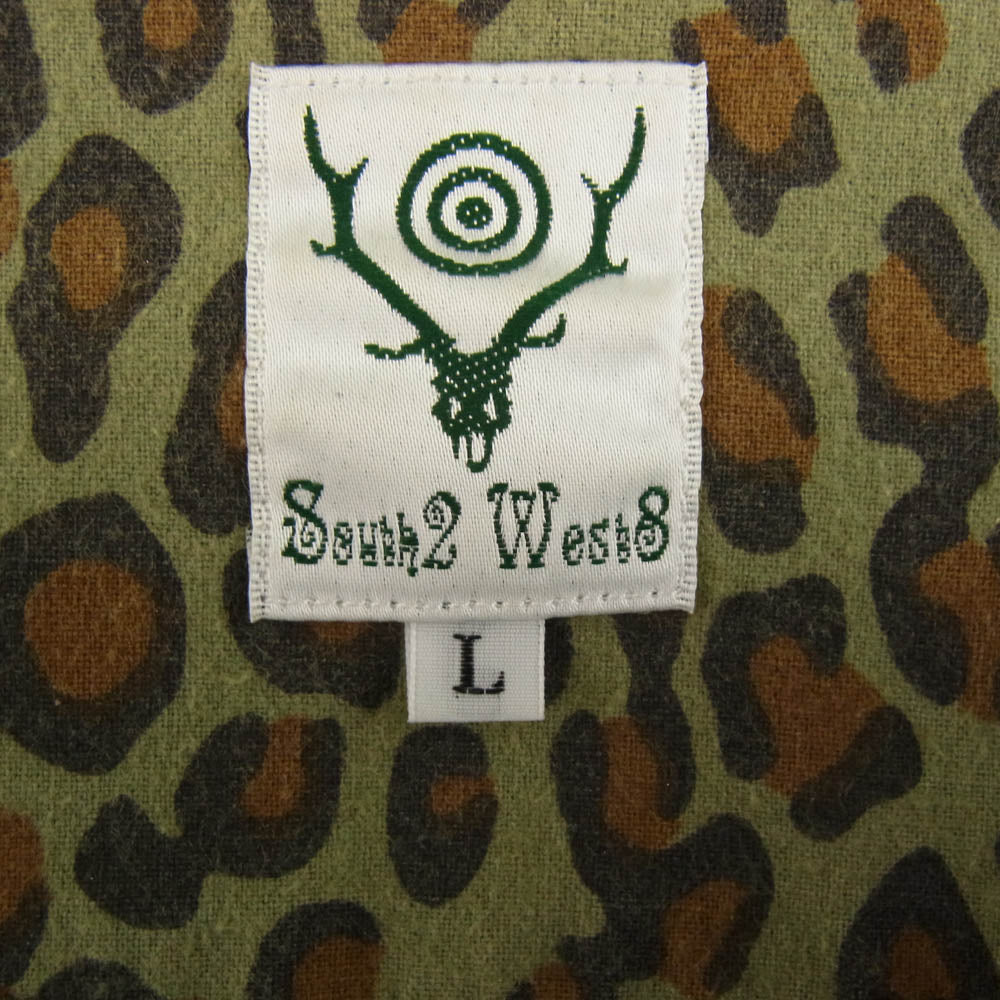 South2 West8 サウスツーウェストエイト V Neck Army Shirt Printed Flannel  レオパード柄 Vネック 長袖 シャツ カーキ系 L【中古】