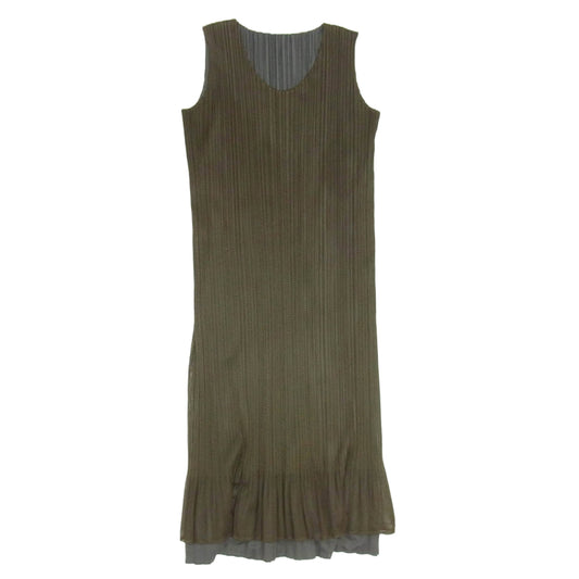 PLEATS PLEASE プリーツプリーズ イッセイミヤケ PP14-JH676 プリーツ加工 メッシュ レイヤード ワンピース カーキ系 1【中古】