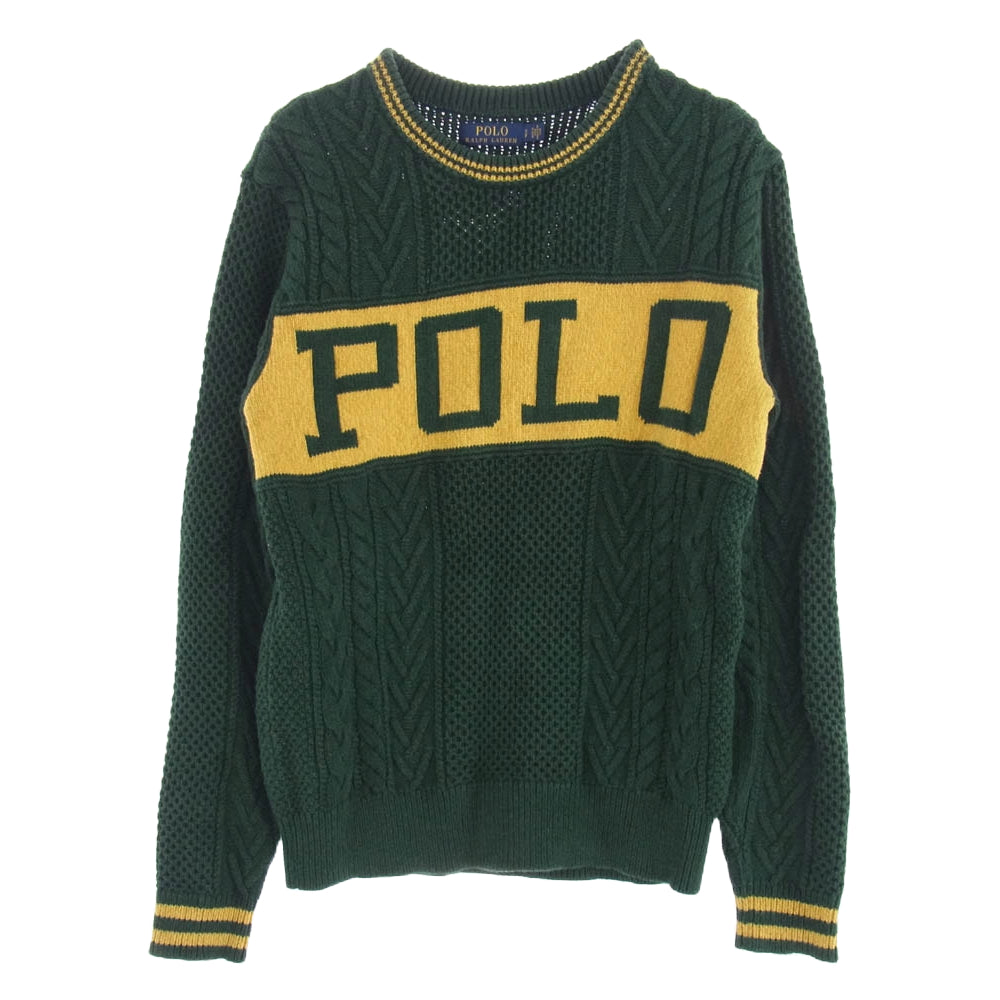 POLO RALPH LAUREN ポロ・ラルフローレン ロゴデザイン コットン アラン セーター グリーン系 イエロー系 S【中古】