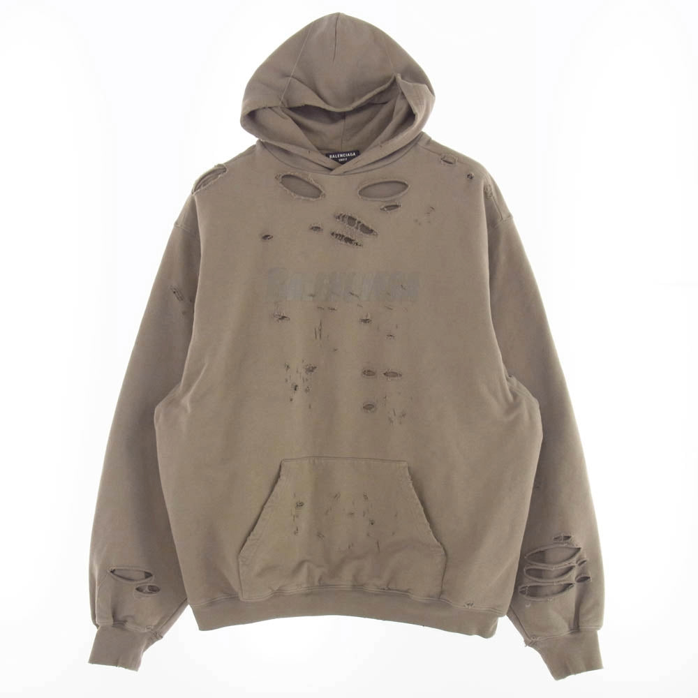 BALENCIAGA バレンシアガ 659403 TKVB6 Destroyed Hoodie デストロイ フーディ ダメージ加工 ロゴプリント プルオーバー パーカー XXS グレー系 XXS【美品】【中古】