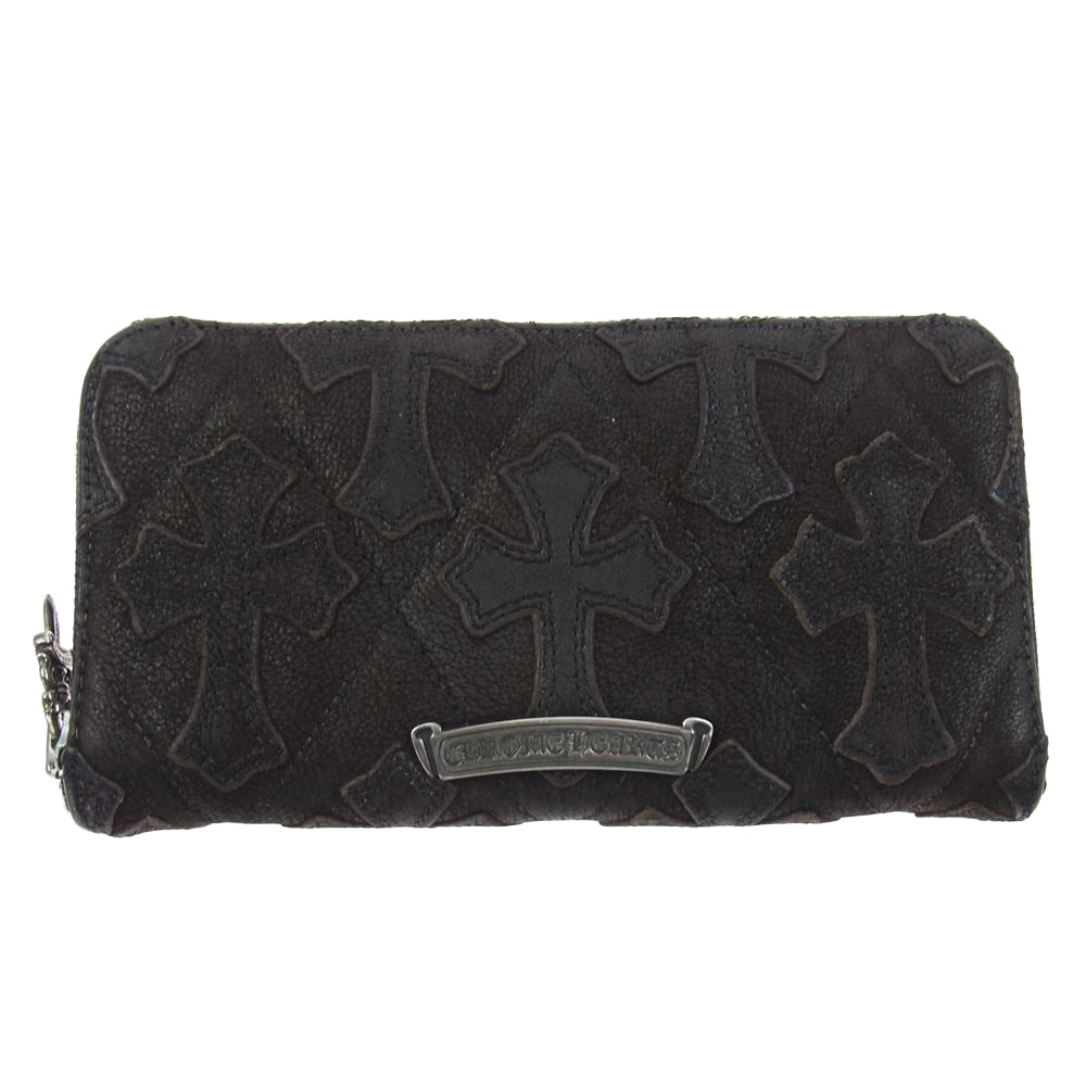 CHROME HEARTS クロムハーツ（原本無） REC F ZIP QUILTED セメタリークロス キルティング デストロイレザー レザー ジップ ウォレット 長財布 ダークブラウン系【中古】