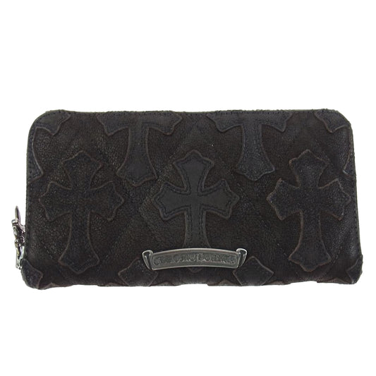 CHROME HEARTS クロムハーツ（原本無） REC F ZIP QUILTED セメタリークロス キルティング デストロイレザー レザー ジップ ウォレット 長財布 ダークブラウン系【中古】