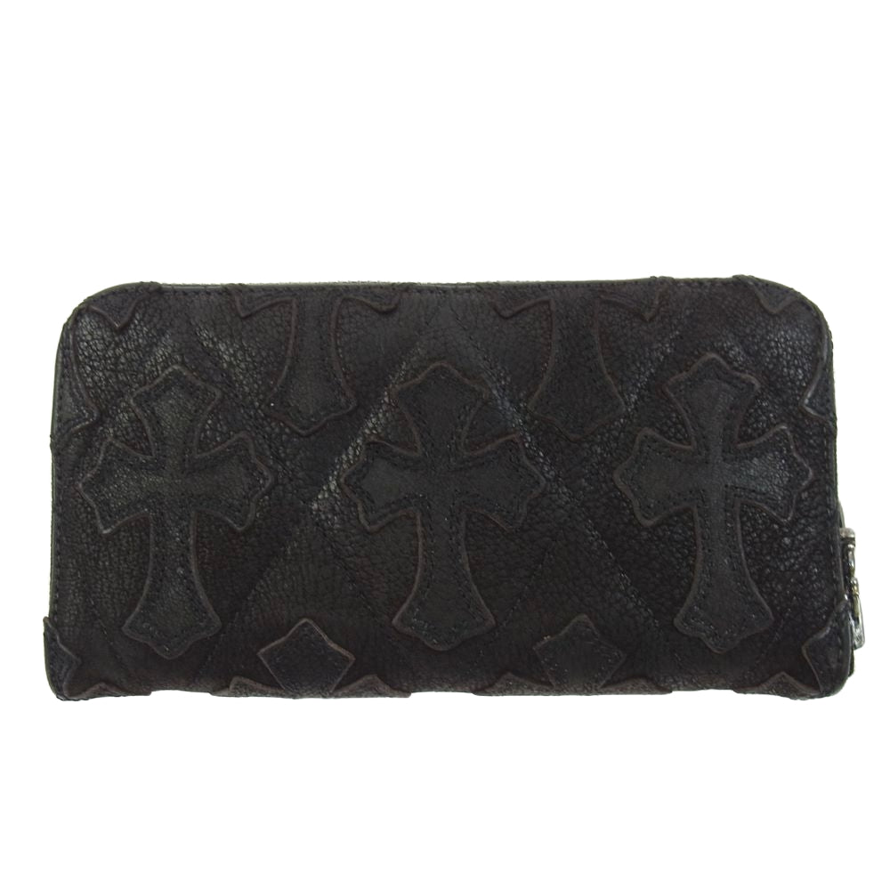 CHROME HEARTS クロムハーツ（原本無） REC F ZIP QUILTED セメタリークロス キルティング デストロイレザー レザー ジップ ウォレット 長財布 ダークブラウン系【中古】