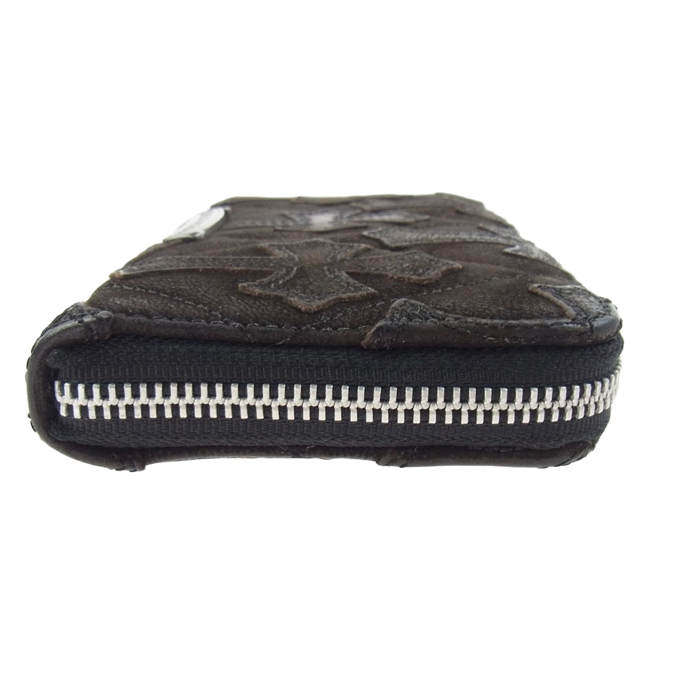 CHROME HEARTS クロムハーツ（原本無） REC F ZIP QUILTED セメタリークロス キルティング デストロイレザー レザー ジップ ウォレット 長財布 ダークブラウン系【中古】
