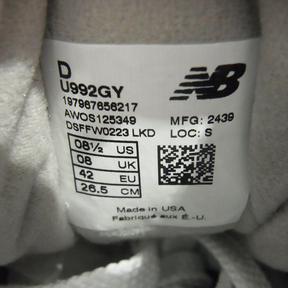 NEW BALANCE ニューバランス U992GY USA製 992 Gray グレイ スエード ローカット メッシュ スニーカー グレー系 26.5cm【新古品】【未使用】【中古】