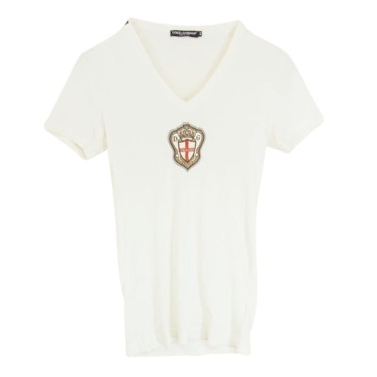 DOLCE&GABBANA ドルチェアンドガッバーナ G8704G G7424 Vネック ワッペン Tシャツ 半袖カットソー ホワイト系 44【中古】