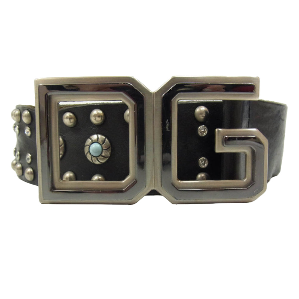 DOLCE&GABBANA ドルチェアンドガッバーナ DCロゴ スタッズ レザー ベルト ストーン付 ブラック系【中古】