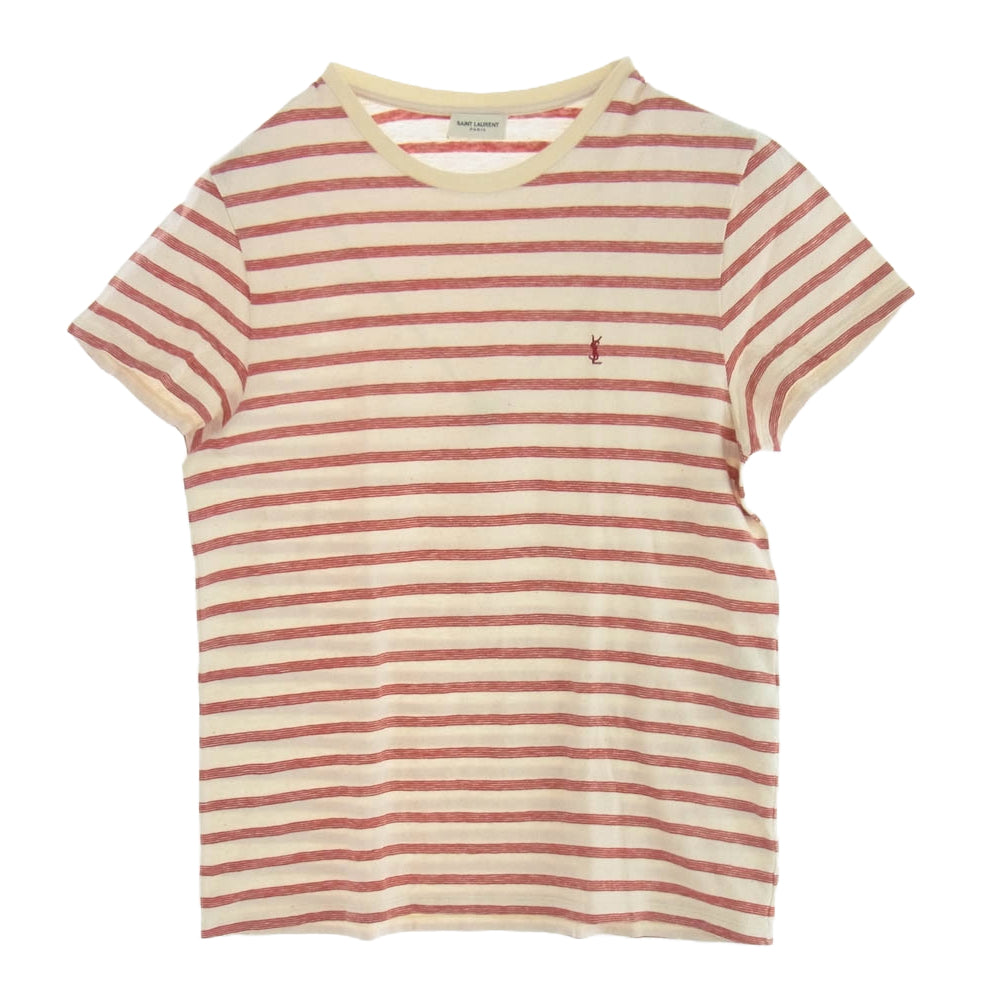 SAINT LAURENT サンローラン 683806 Y36OX ロゴ刺繍 ボーダー Tシャツ 半袖カットソー ベージュ系 レッド系 XS【中古】