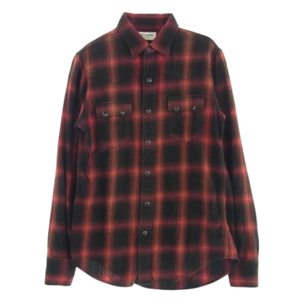 SAINT LAURENT サンローラン 15AW 398063 Y952 エディ期 国内正規品 オンブレ チェック ウエスタン シャツ 長袖 スナップボタン ブラック系 レッド系 XS【中古】