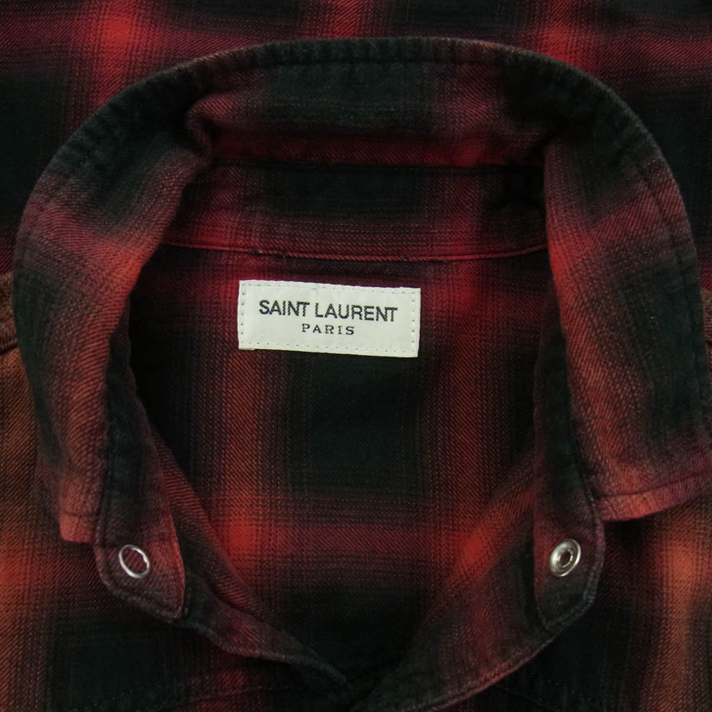 SAINT LAURENT サンローラン 15AW 398063 Y952 エディ期 国内正規品 オンブレ チェック ウエスタン シャツ 長袖 スナップボタン ブラック系 レッド系 XS【中古】