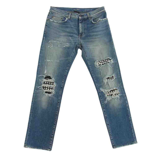SAINT LAURENT サンローラン 17SS 456694 Y806K 国内正規品 スタッズ レザーパッチ ダメージ加工 デニム パンツ インディゴブルー系 M【中古】