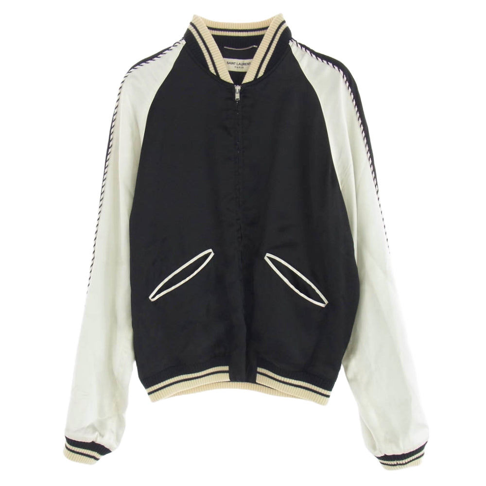 SAINT LAURENT サンローラン 14SS 345802 YM61U エディ期 14SS 国内正規品 345802 YM61U レーヨン サテン テディ ジャケット スーベニア ブルゾン スカジャン ブラック系 オフホワイト系 46【中古】