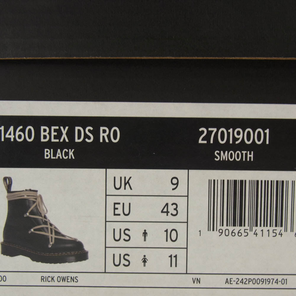 Rick Owens リックオウエンス 27019001 × Dr. Martens ドクターマーチン BEX DS RO Leather Boot レザー レースアップ ブーツ ブラック系 43【中古】