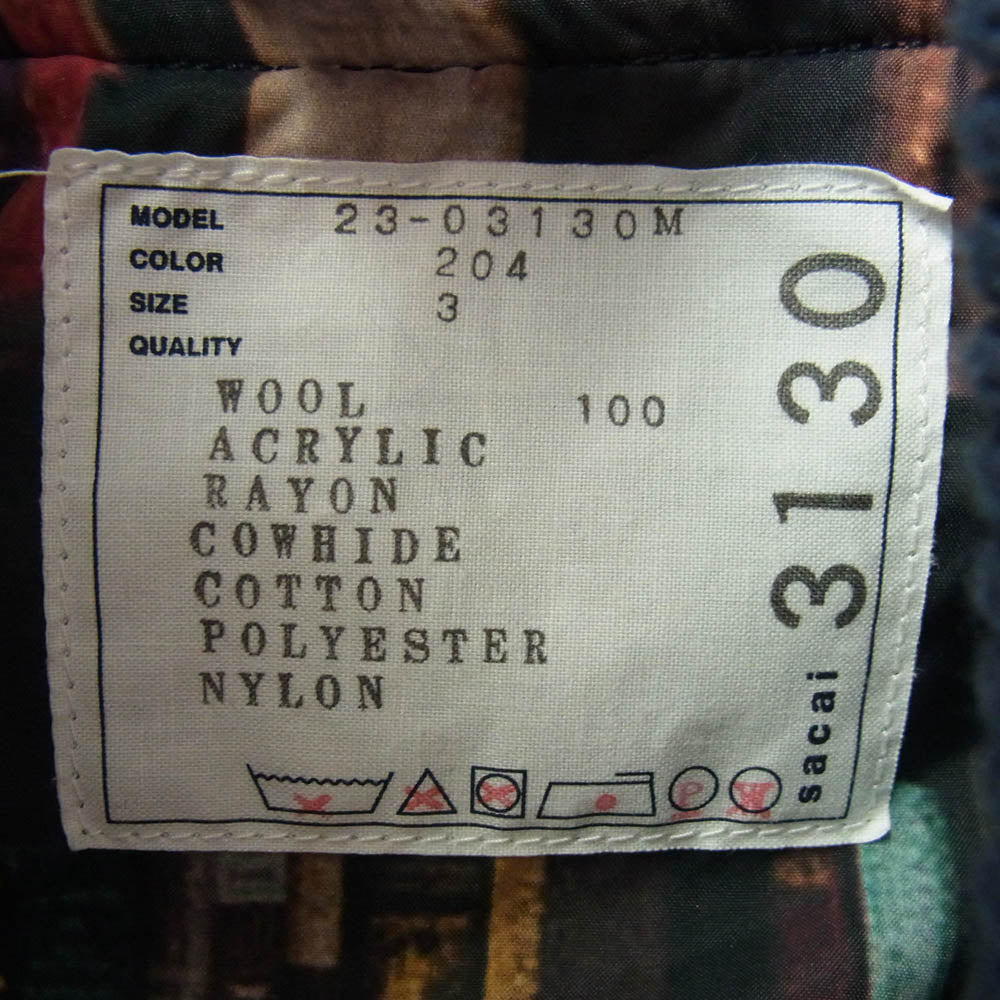 Sacai サカイ 23AW 23-03130M INTERSTELLAR Blouson Sロゴ メルトン レザー ブルゾン ジャケット スタジャン ネイビー系 3【中古】