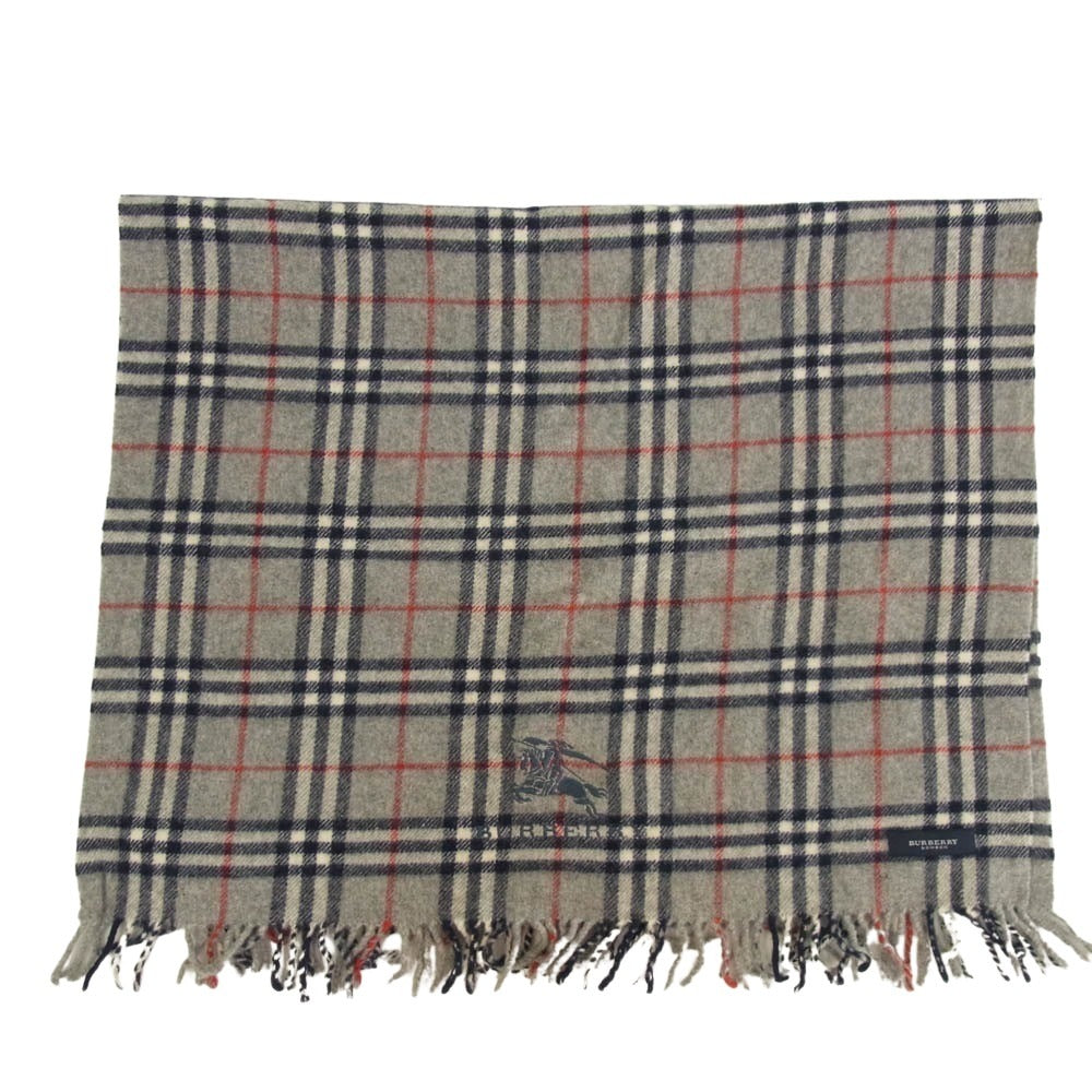 BURBERRY LONDON バーバリー ロンドン 0156JA64W ウール 刺繍 チェック マフラー グレー系 ネイビー系【中古】