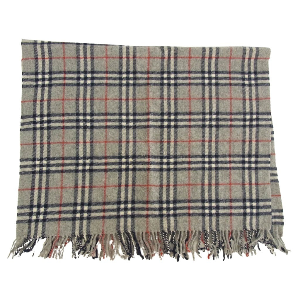 BURBERRY LONDON バーバリー ロンドン 0156JA64W ウール 刺繍 チェック マフラー グレー系 ネイビー系【中古】