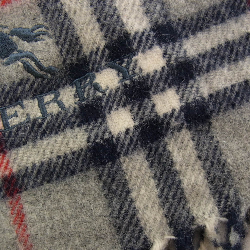 BURBERRY LONDON バーバリー ロンドン 0156JA64W ウール 刺繍 チェック マフラー グレー系 ネイビー系【中古】