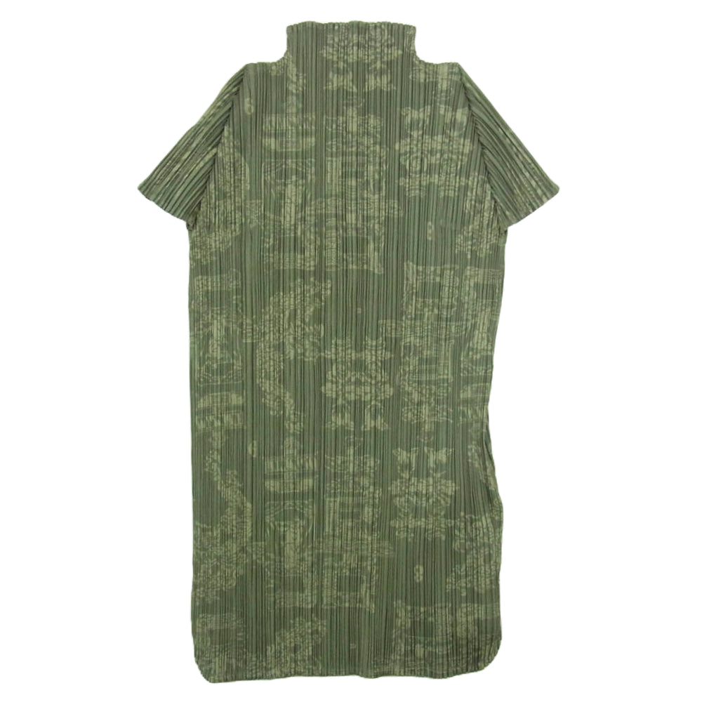 PLEATS PLEASE プリーツプリーズ イッセイミヤケ PP41-JK728 プリーツ加工 ドラゴン 桃 中国 龍 縁起柄 総柄 ボトルネック フレンチスリーブ カットソー グリーン カーキ系 4【中古】