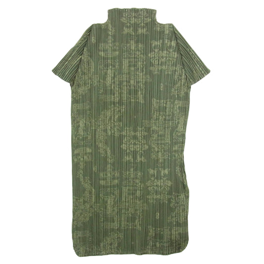 PLEATS PLEASE プリーツプリーズ イッセイミヤケ PP41-JK728 プリーツ加工 ドラゴン 桃 中国 龍 縁起柄 総柄 ボトルネック フレンチスリーブ カットソー グリーン カーキ系 4【中古】