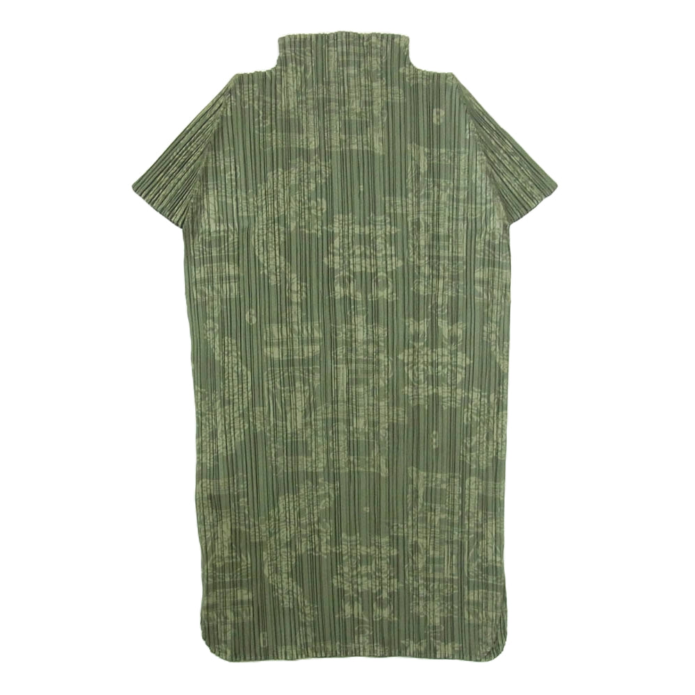 PLEATS PLEASE プリーツプリーズ イッセイミヤケ PP41-JK728 プリーツ加工 ドラゴン 桃 中国 龍 縁起柄 総柄 ボトルネック フレンチスリーブ カットソー グリーン カーキ系 4【中古】