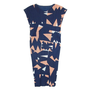 PLEATS PLEASE プリーツプリーズ イッセイミヤケ PP41JH725 プリーツ加工 LUCID PINK SALT フレンチスリーブ 総柄 ロング ワンピース ネイビー系 3【中古】