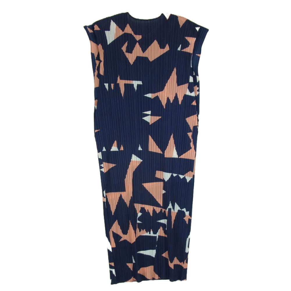 PLEATS PLEASE プリーツプリーズ イッセイミヤケ PP41JH725 プリーツ加工 LUCID PINK SALT フレンチスリーブ 総柄 ロング ワンピース ネイビー系 3【中古】