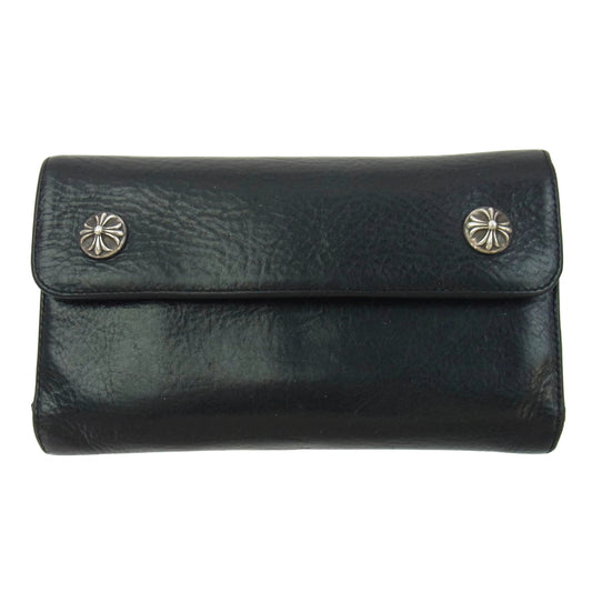 CHROME HEARTS クロムハーツ（原本無） WAVE CROSS BALL ウェーブ ウォレット クロスボールボタン レザー 長財布 ブラック系【中古】