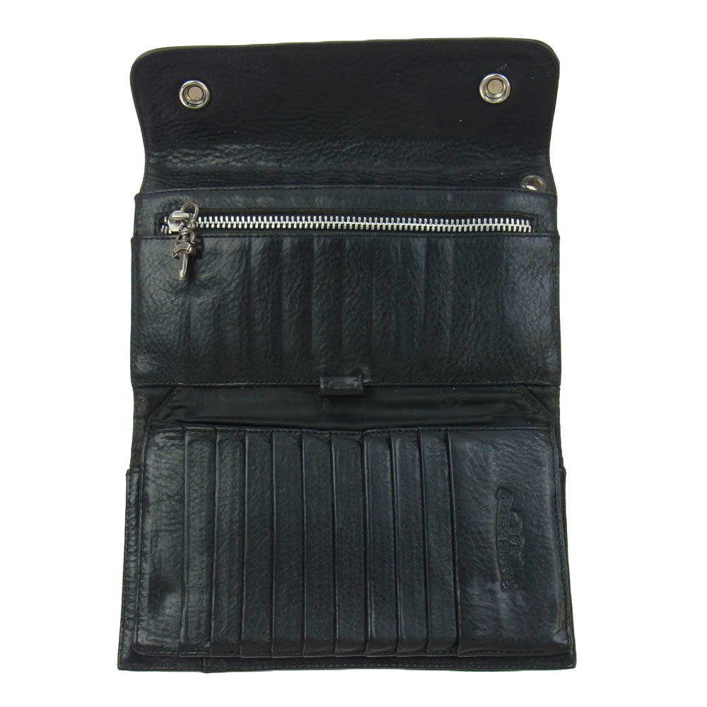 CHROME HEARTS クロムハーツ（原本無） WAVE CROSS BALL ウェーブ ウォレット クロスボールボタン レザー 長財布 ブラック系【中古】