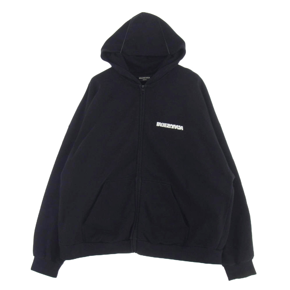 BALENCIAGA バレンシアガ 21AW 674719 TLVB4 Wide Zip Up Hoodie ターンワイド ロゴ ジップアップ フーディ パーカー ブラック系 3【中古】