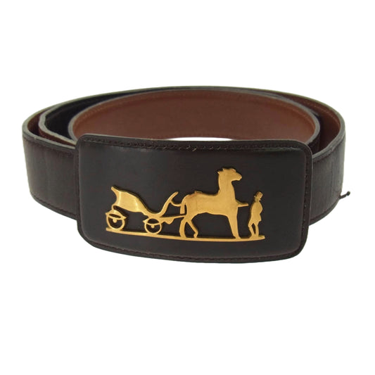 HERMES エルメス 馬車ロゴ リバーシブル レザー ベルト ブラウン系【中古】